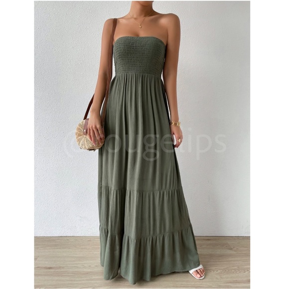Strapless Maxi Dress Long Army Green Shirred Top Flared - Picture 6 of 8